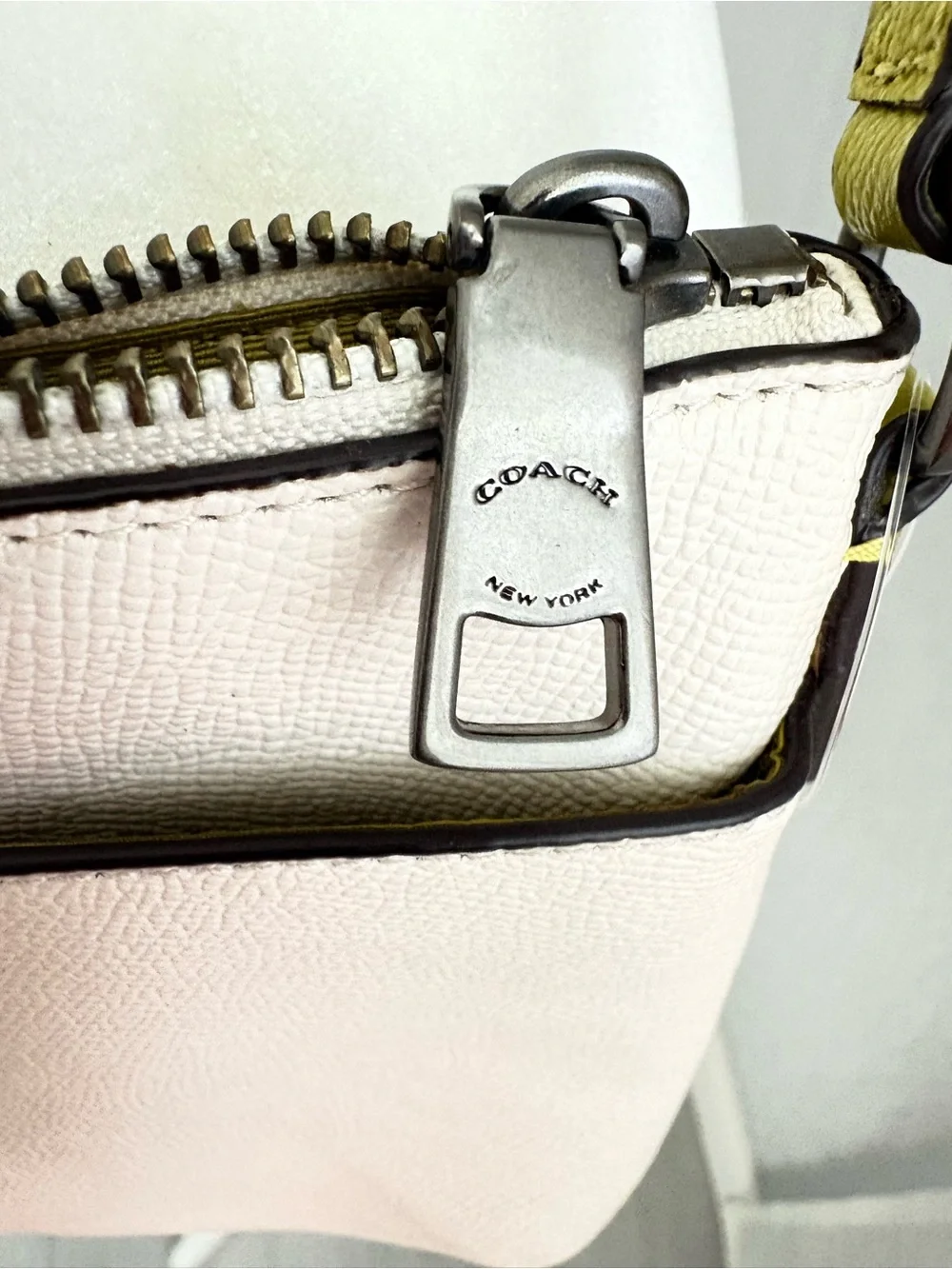 Coach Chalk Pebbled Leather Crossbody with Yellow-Trim Strap